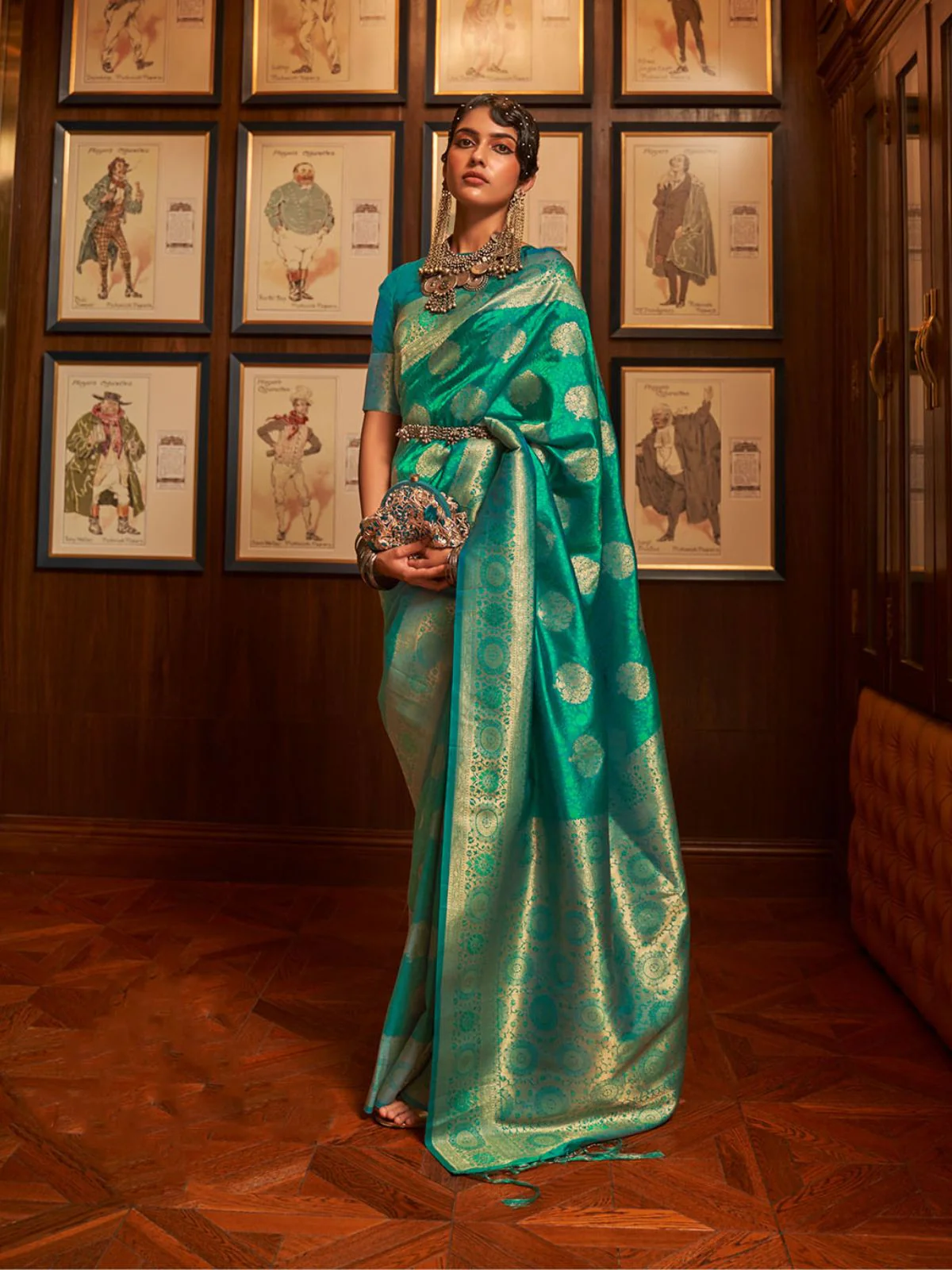 Odette Green Woven Design Silk Blend Saree With Unstitched Blouse For Women