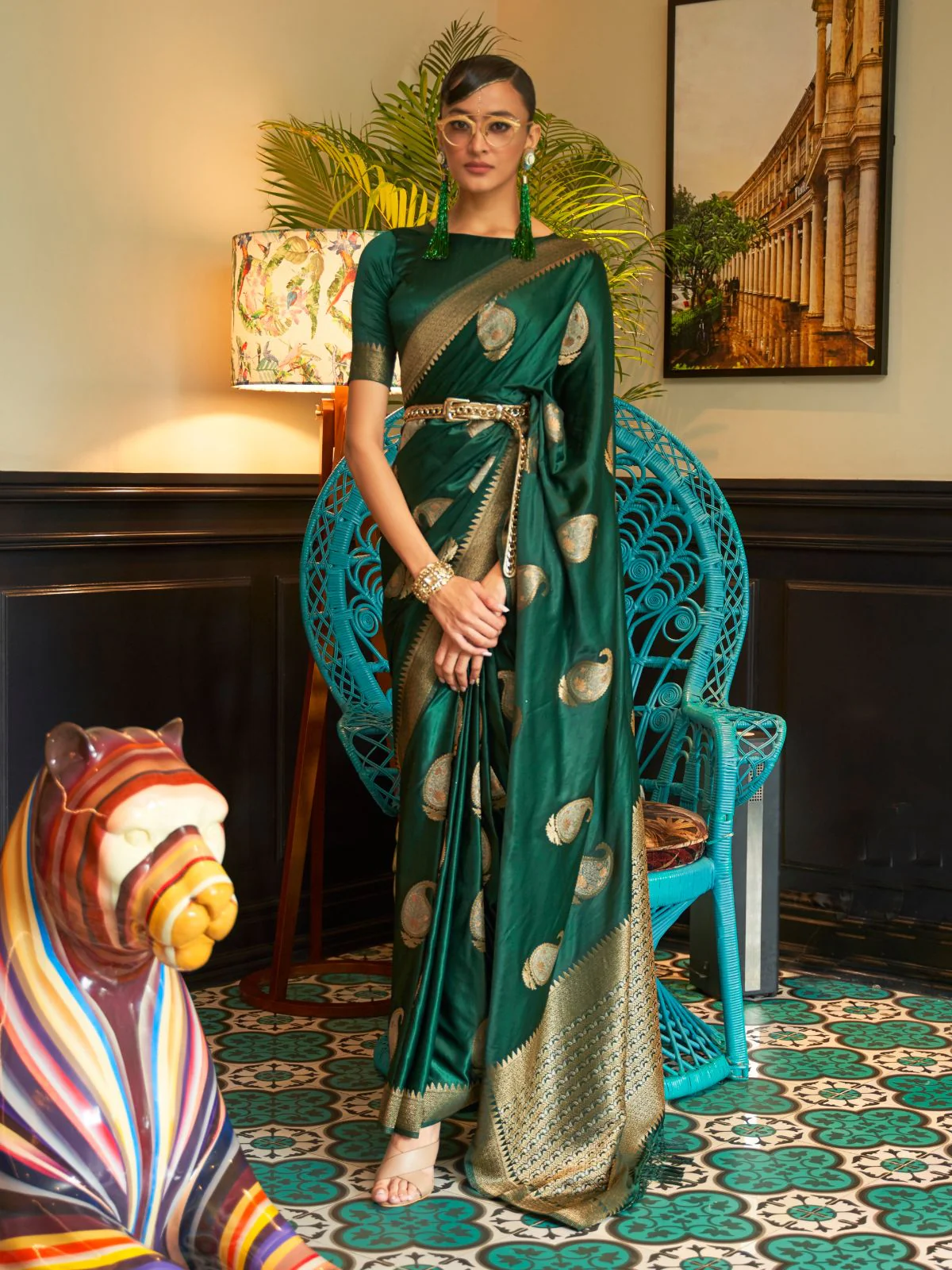 Odette Green Woven Design Silk Blend Saree With Unstitched Blouse For Women
