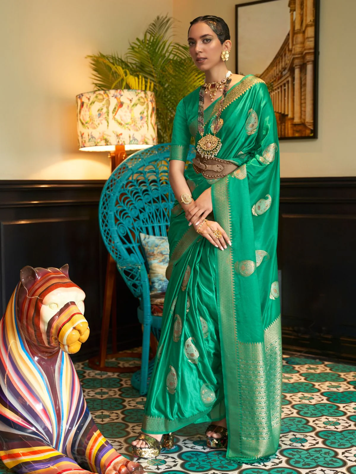 Odette Green Woven Design Silk Blend Saree With Unstitched Blouse For Women