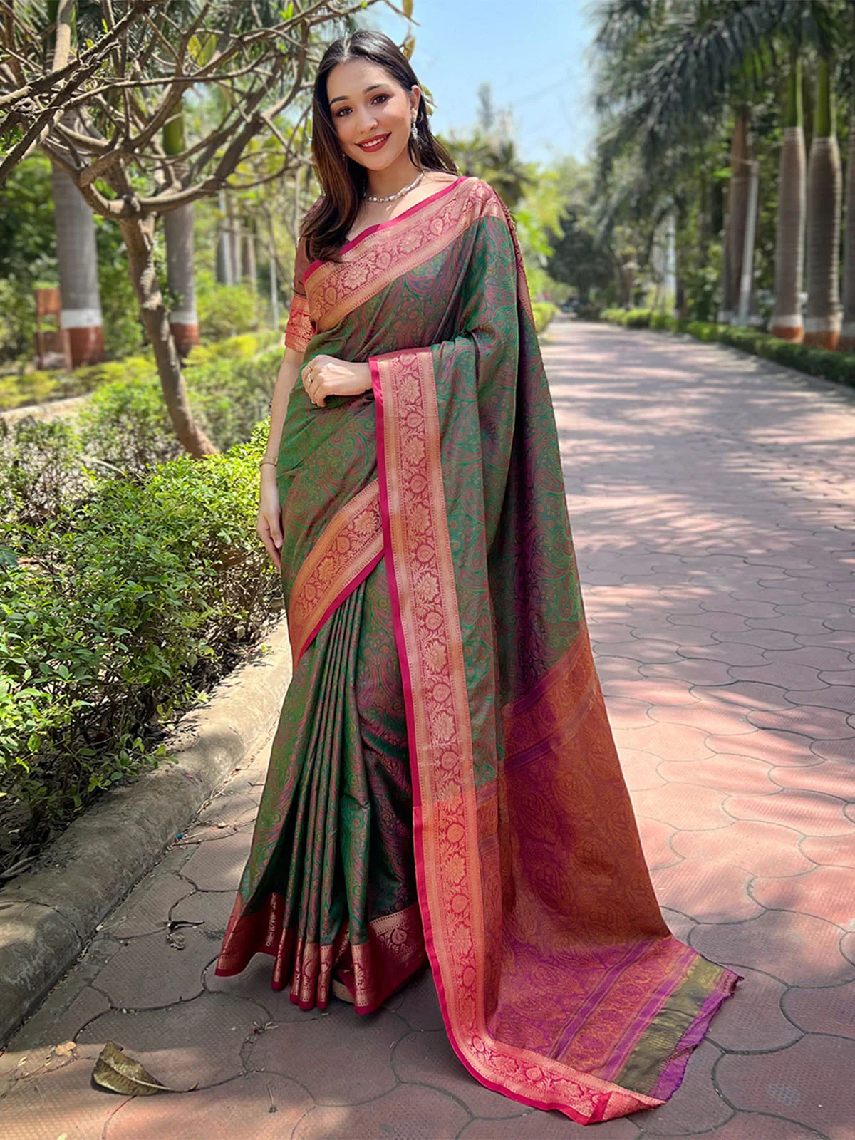 Odette Green Woven Design Silk Blend Saree With Unstitched Blouse For Women