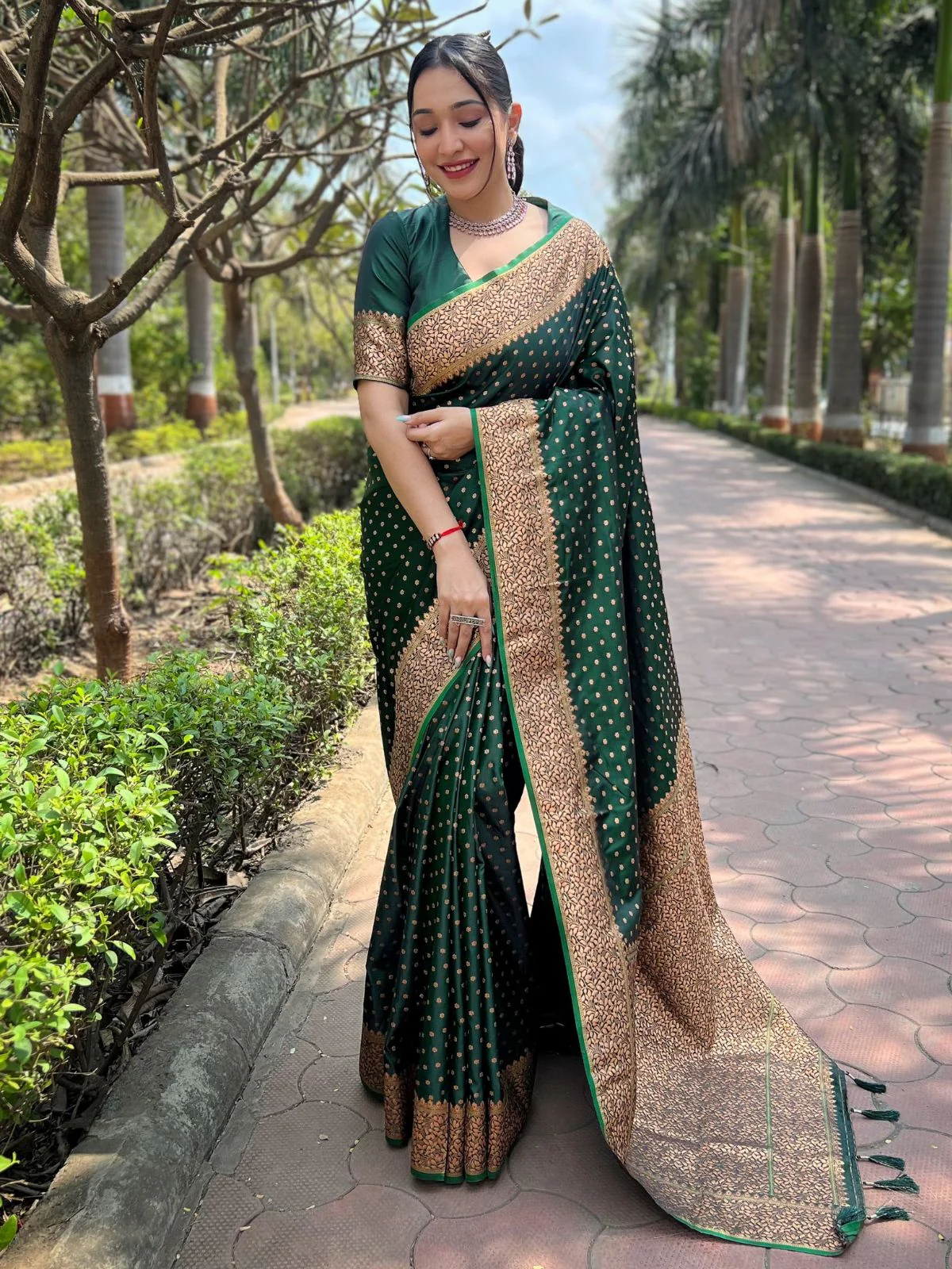 Odette Green Woven Design Silk Blend Saree With Unstitched Blouse For Women