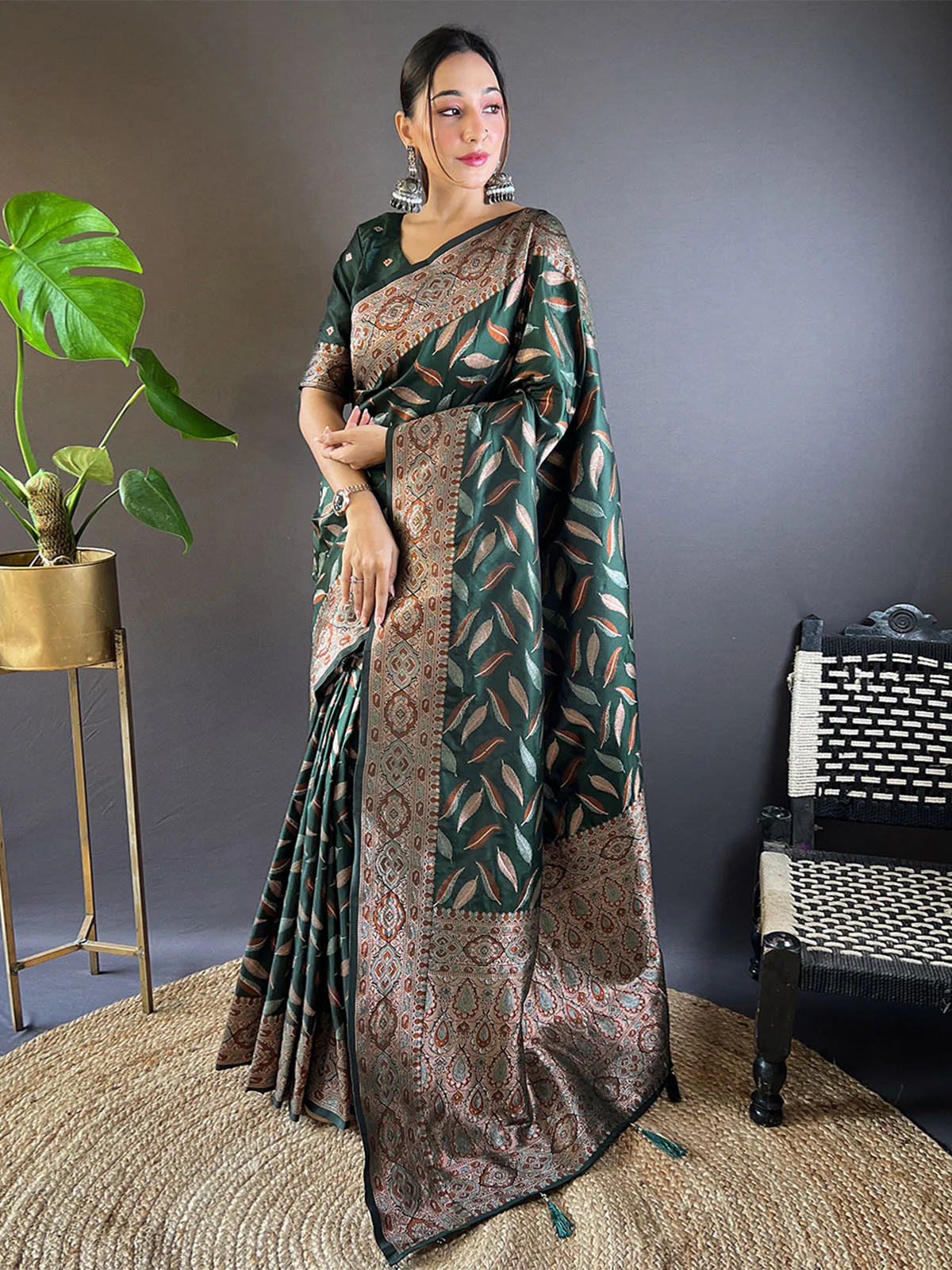 Odette Green Woven Design Soft Silk Saree With Unstitched Blouse For Women