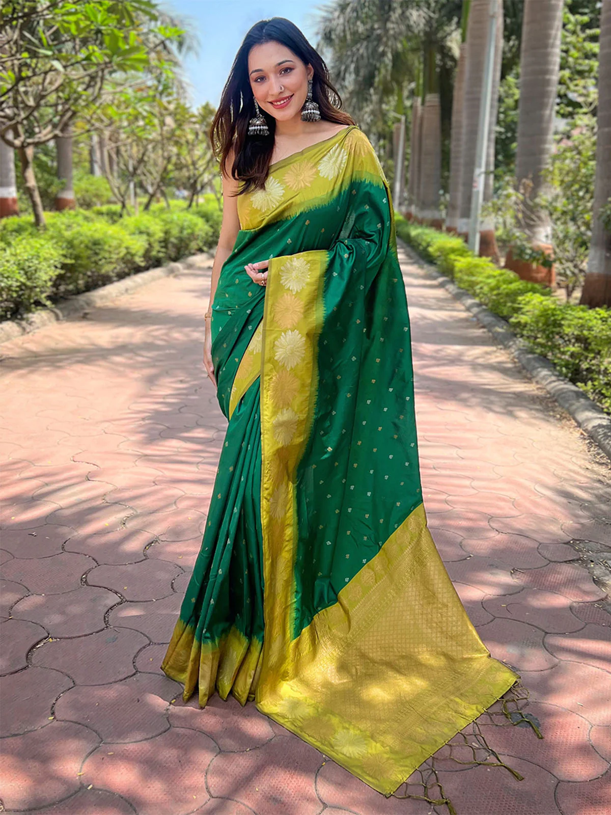 Odette Green Woven Design Soft Silk Saree With Unstitched Blouse For Women