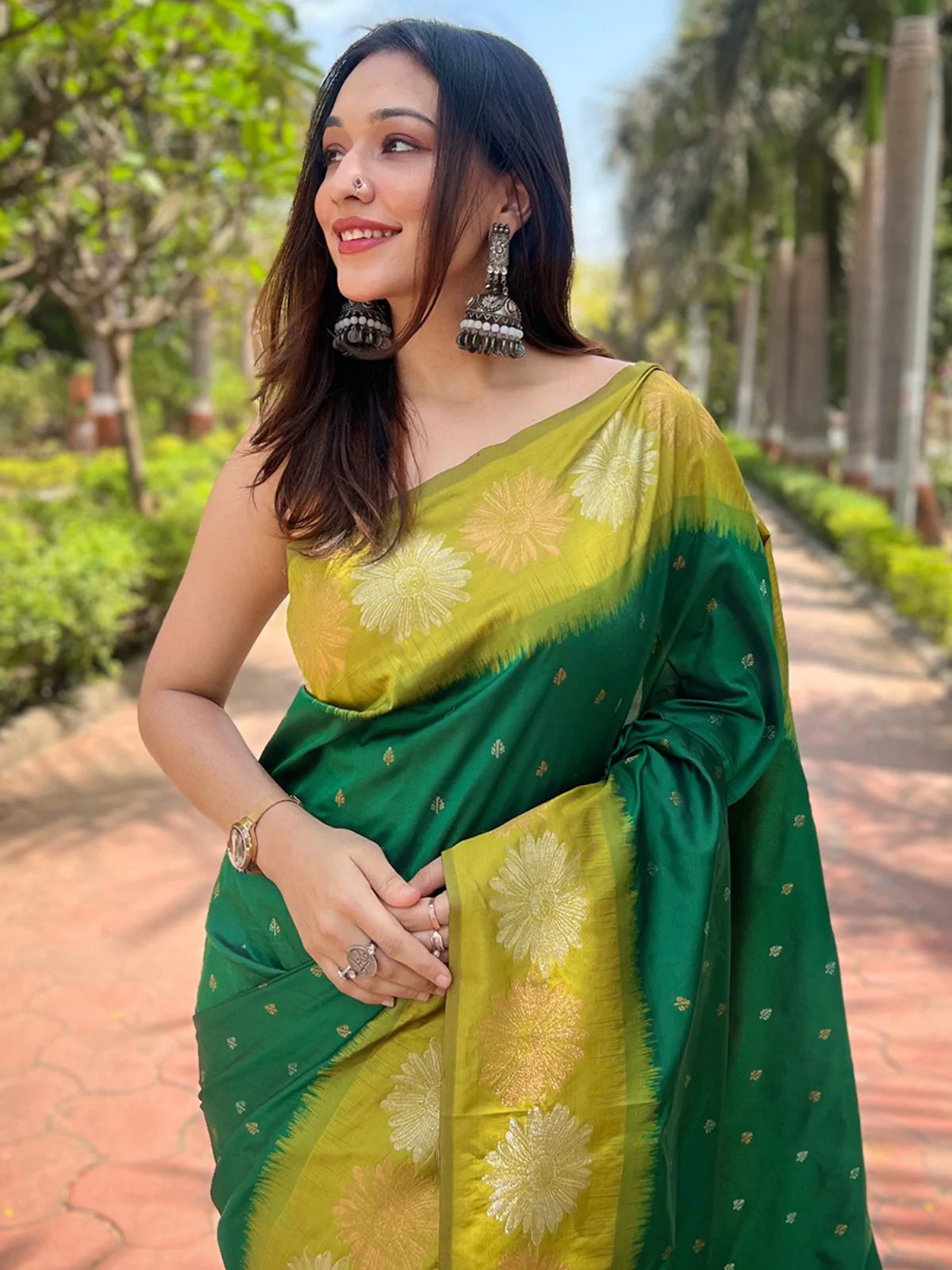 Odette Green Woven Design Soft Silk Saree With Unstitched Blouse For Women - Image 3