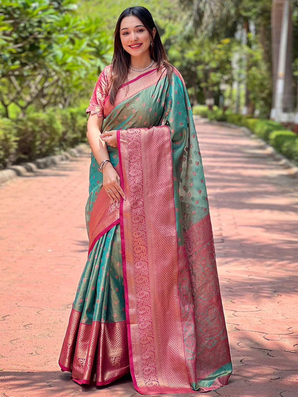 Odette Green Woven Design Tissue Silk Saree With Unstitched Blouse For Women