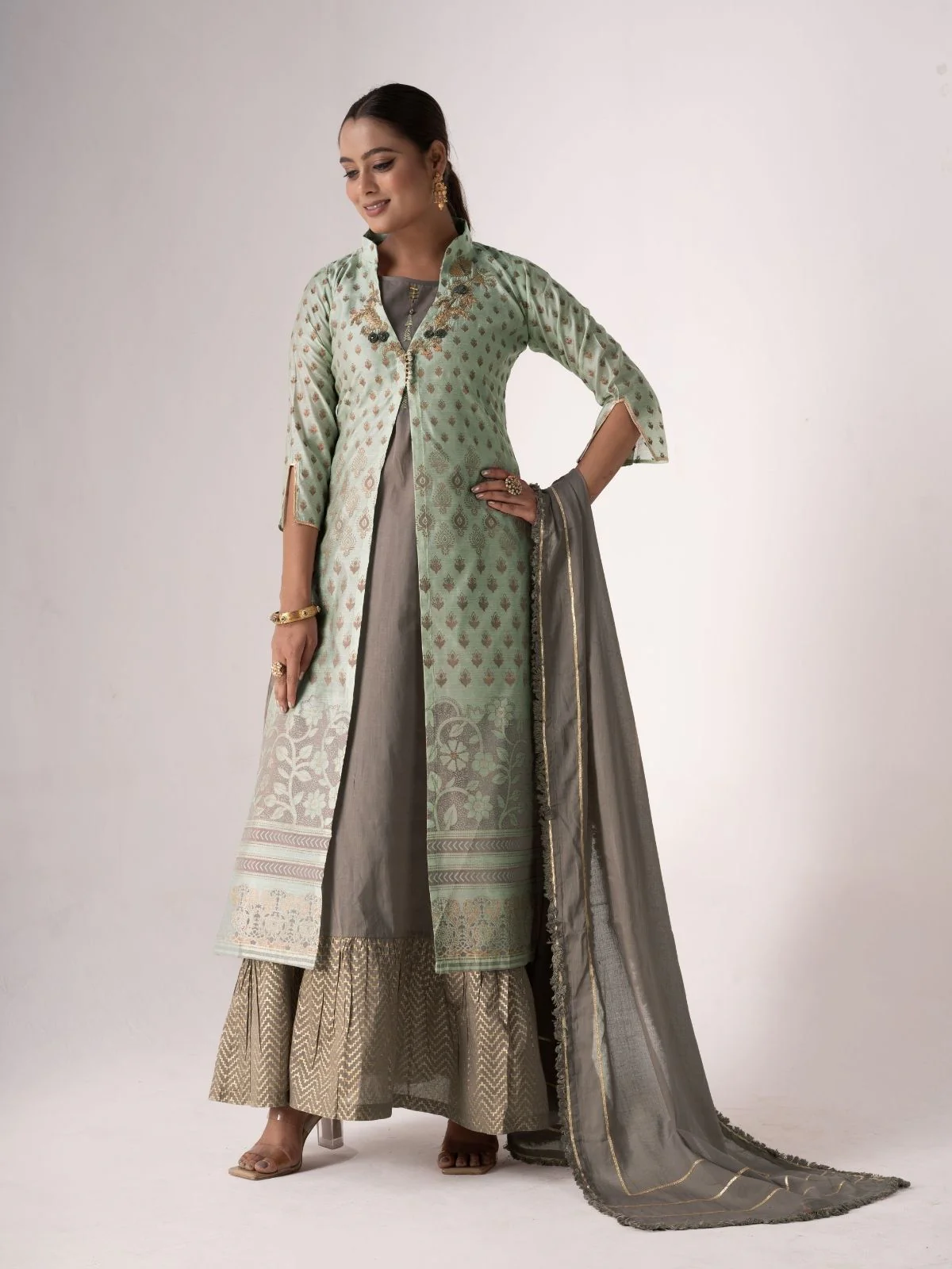 Odette Grey And green Art Silk Printed And Embroidered Semi-Stitched Kurta Set For Women - Image 2