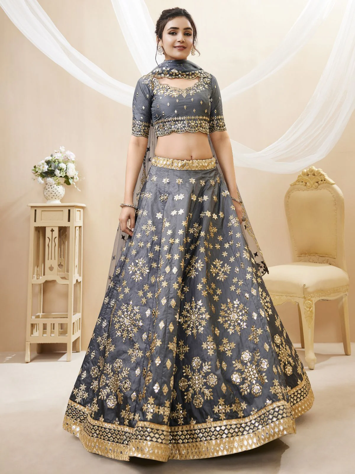 Odette Grey Art Silk Embroidered Semi Stitched Lehenga With Unstitched Blouse For Women - Image 2