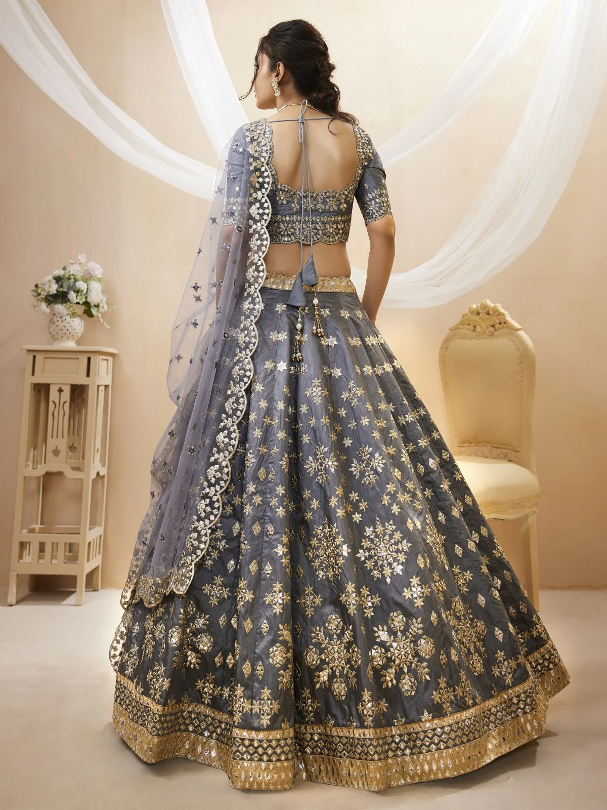 Odette Grey Art Silk Embroidered Semi Stitched Lehenga With Unstitched Blouse For Women - Image 3