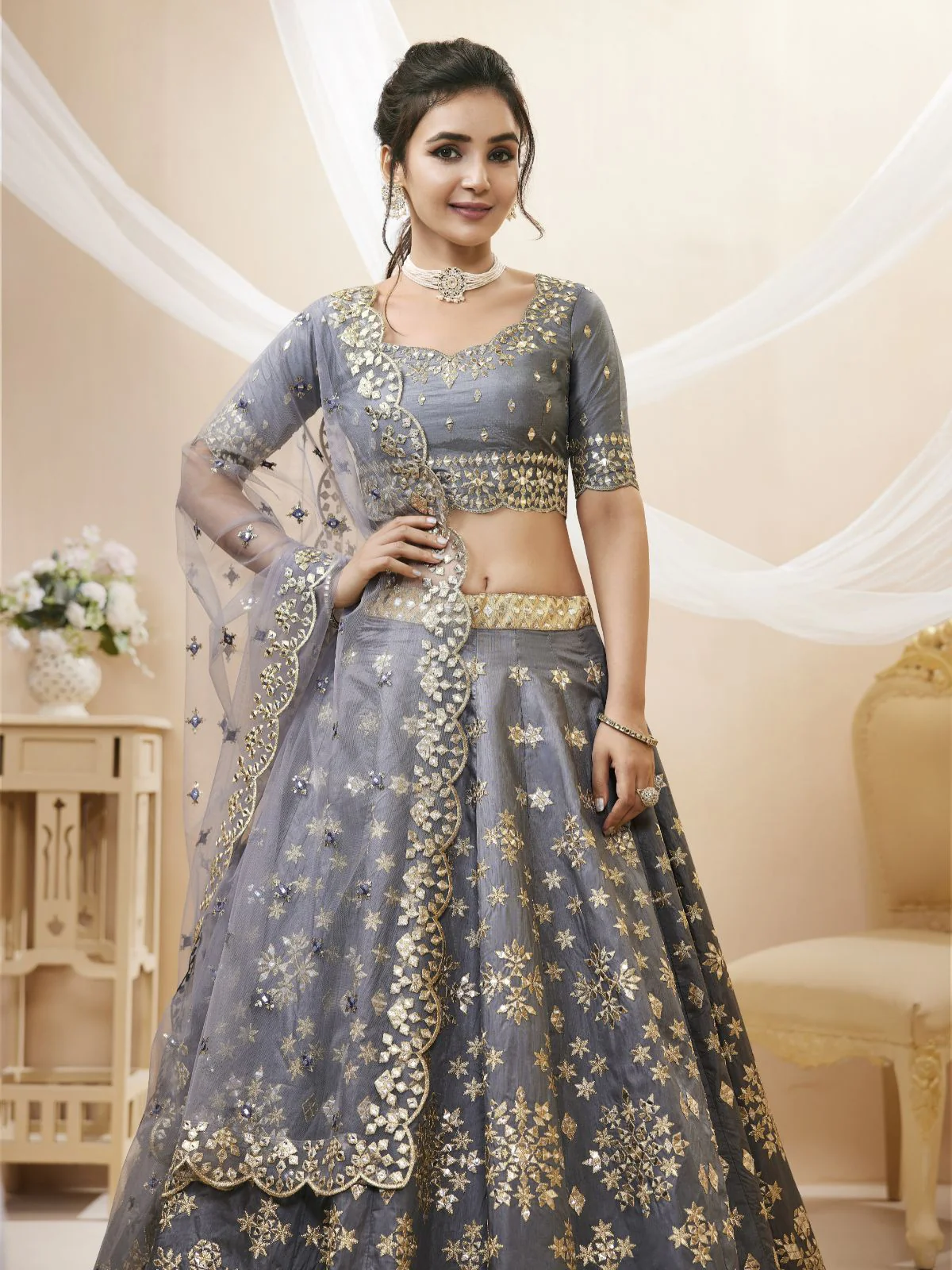 Odette Grey Art Silk Embroidered Semi Stitched Lehenga With Unstitched Blouse For Women - Image 4