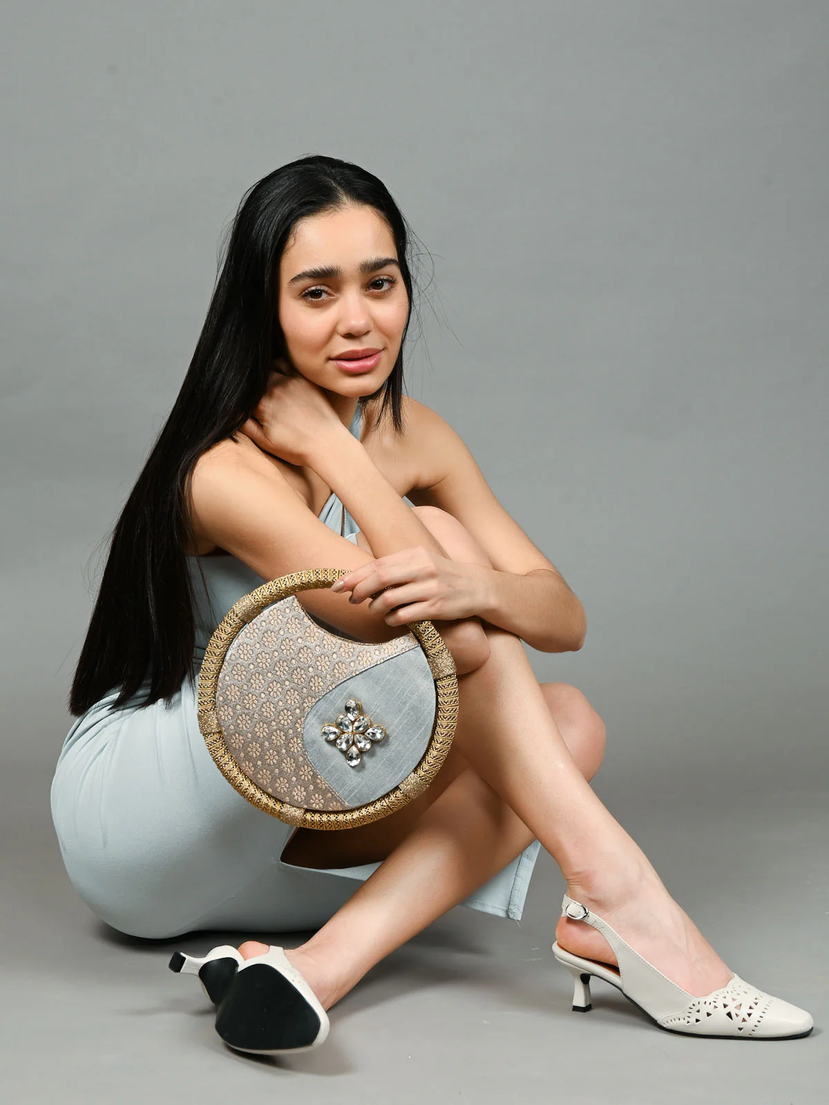 Odette Grey Chanderi Embellished Moon Bag For Women - Image 2