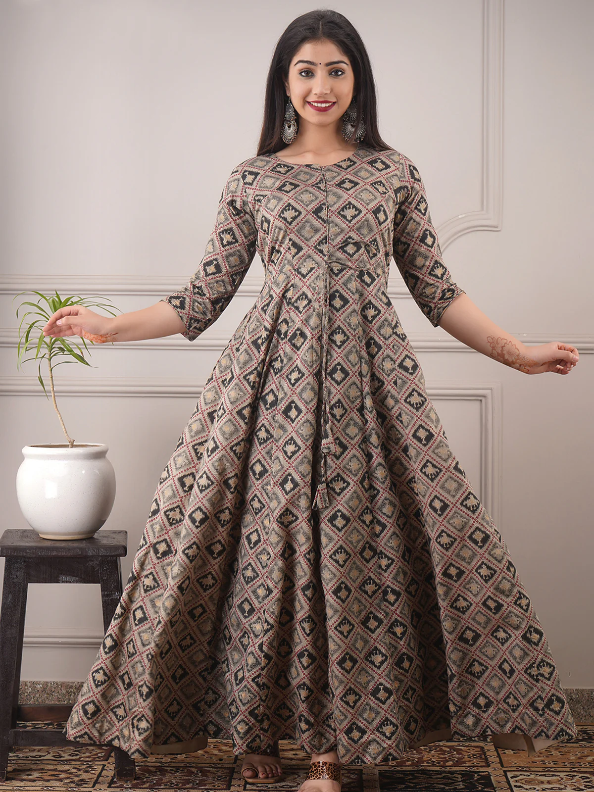 Odette Grey Chanderi Printed Stitched Gown for Women - Image 2