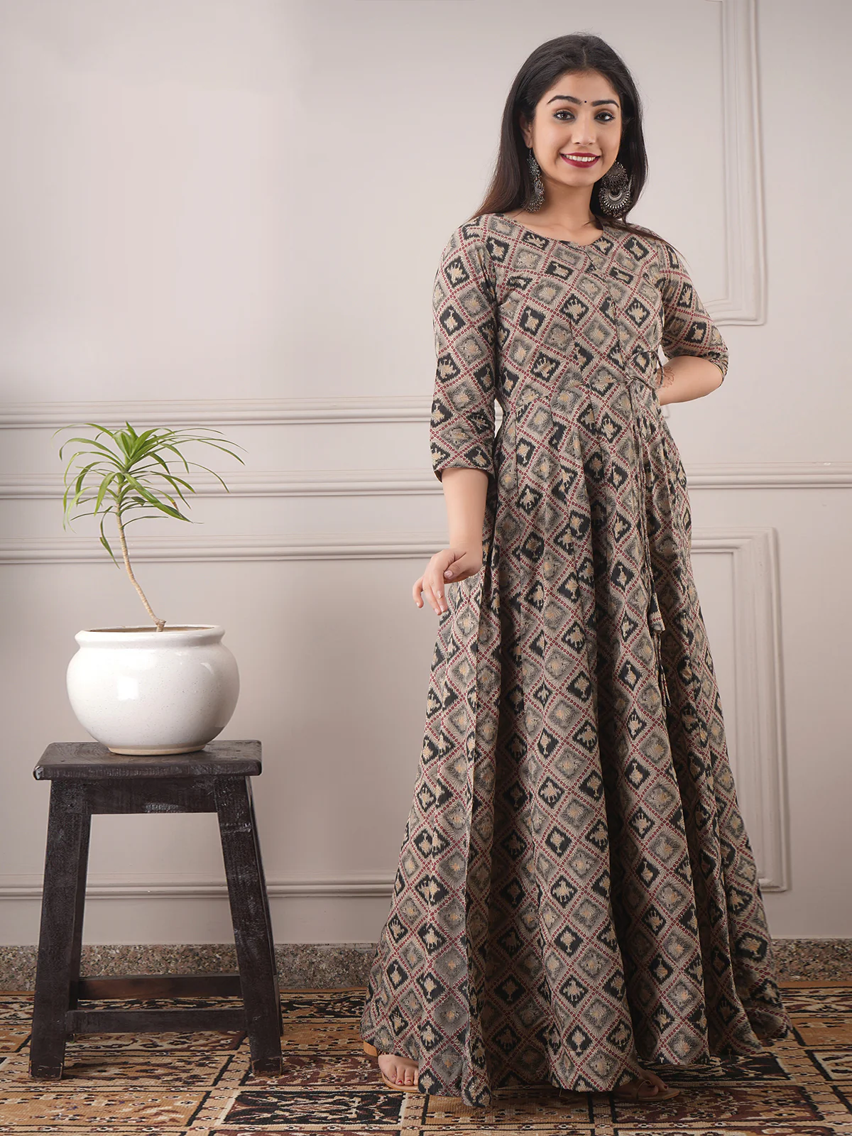 Odette Grey Chanderi Printed Stitched Gown for Women - Image 3