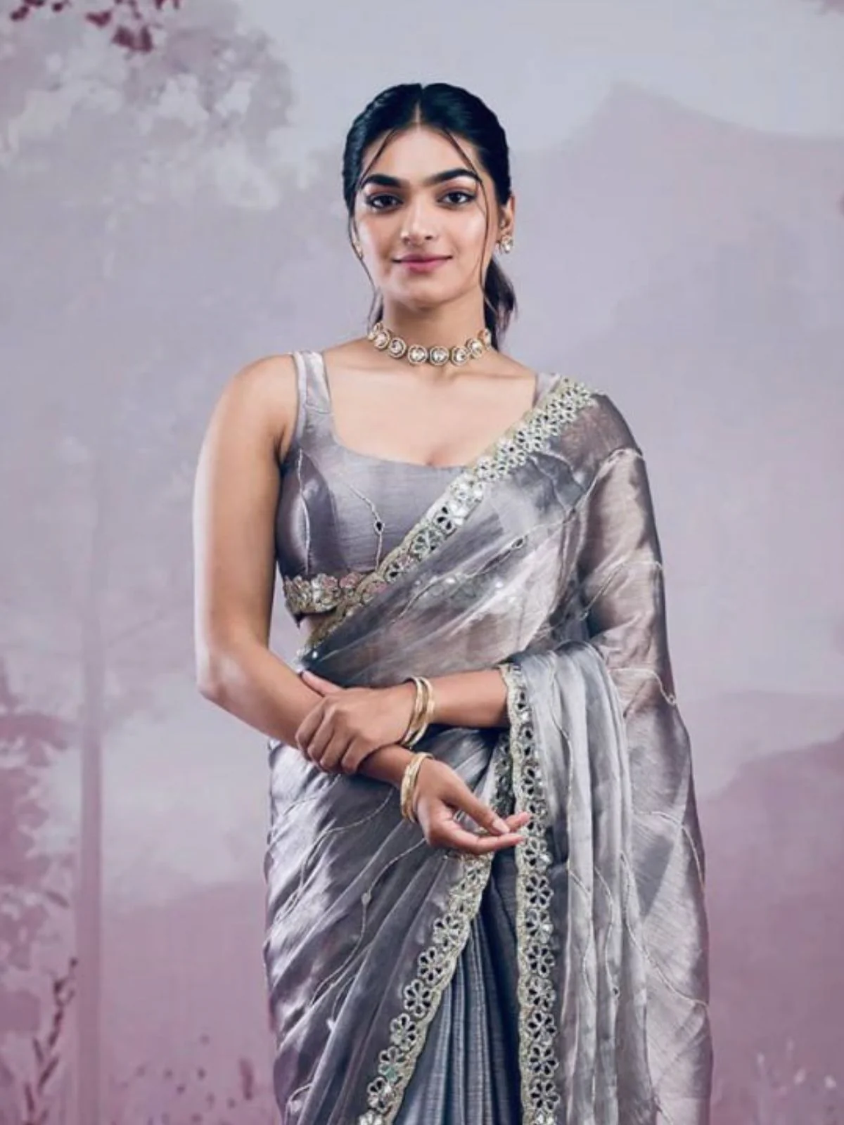 Odette Grey Chiffon Embroidered Saree For Women - Image 2