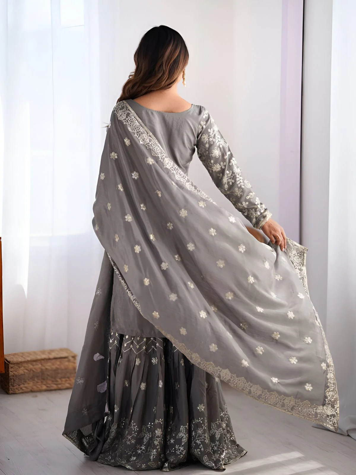 Odette Grey Chinon Silk Embroidery & Sequins Kurta Set For Women - Image 3