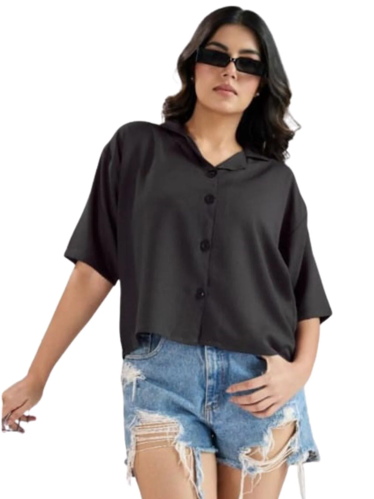 Odette Grey Cotton Blend Solid Shirt For Women - Image 2