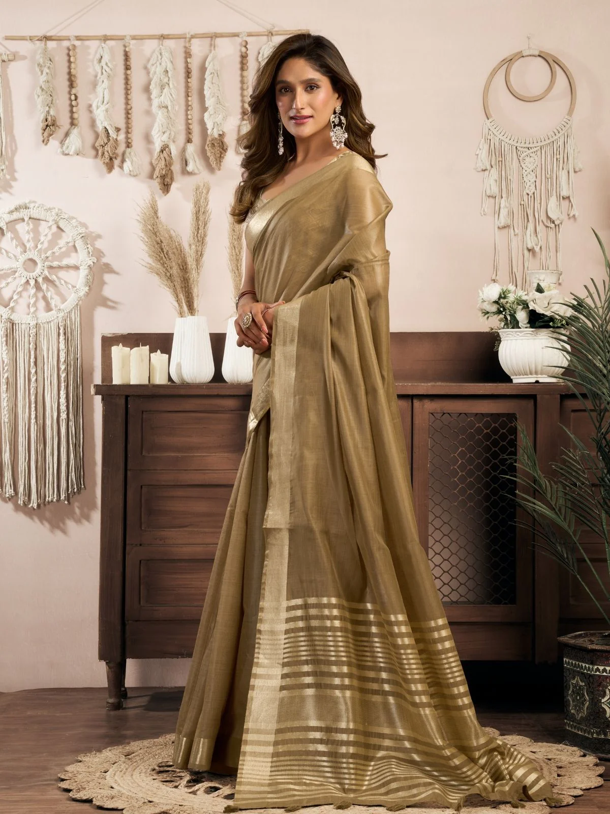 Odette Grey Cotton Blend Woven Saree For Women - Image 2