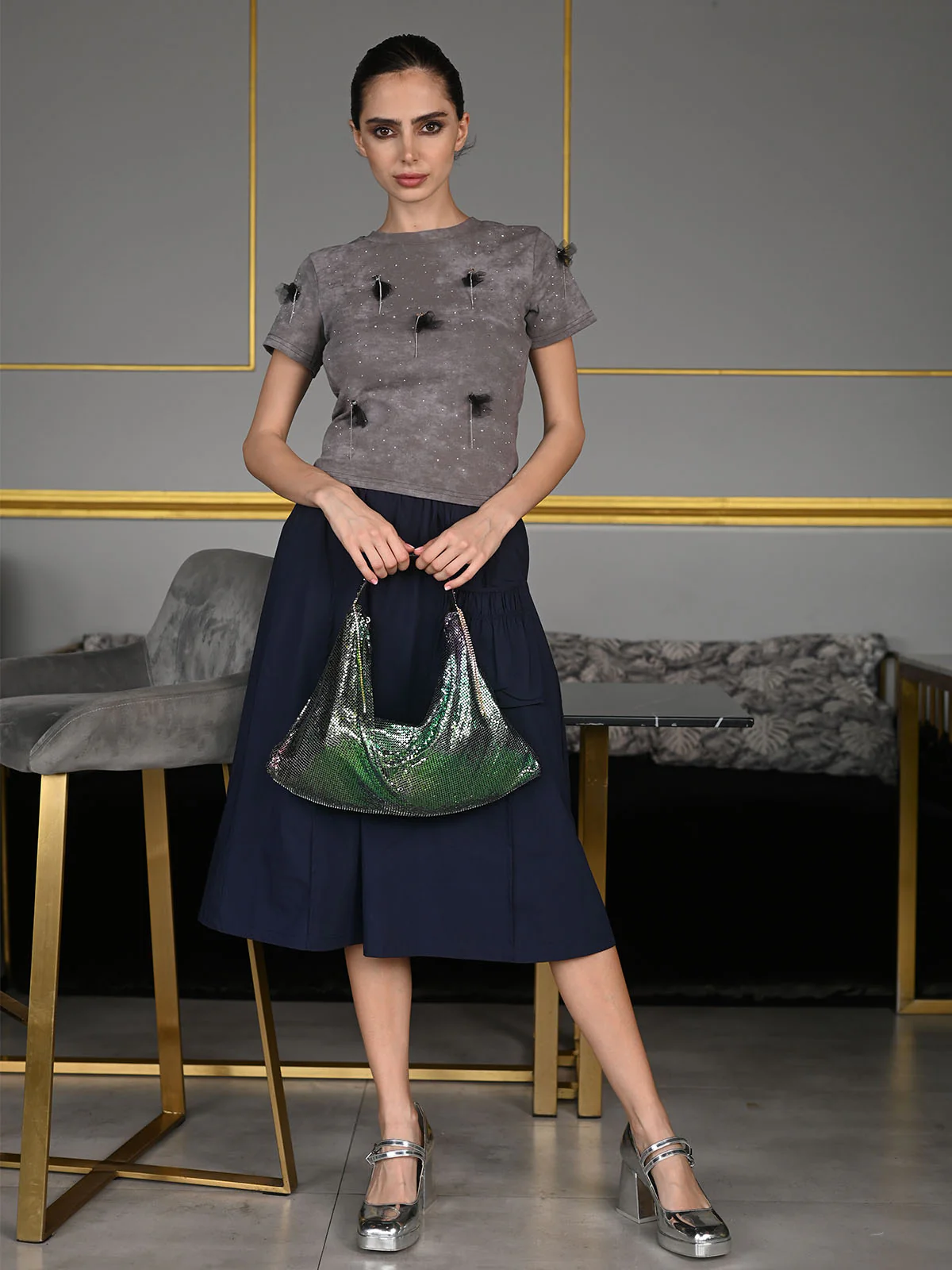 Odette Grey Cotton Jersey Embellished T-Shirt For Women