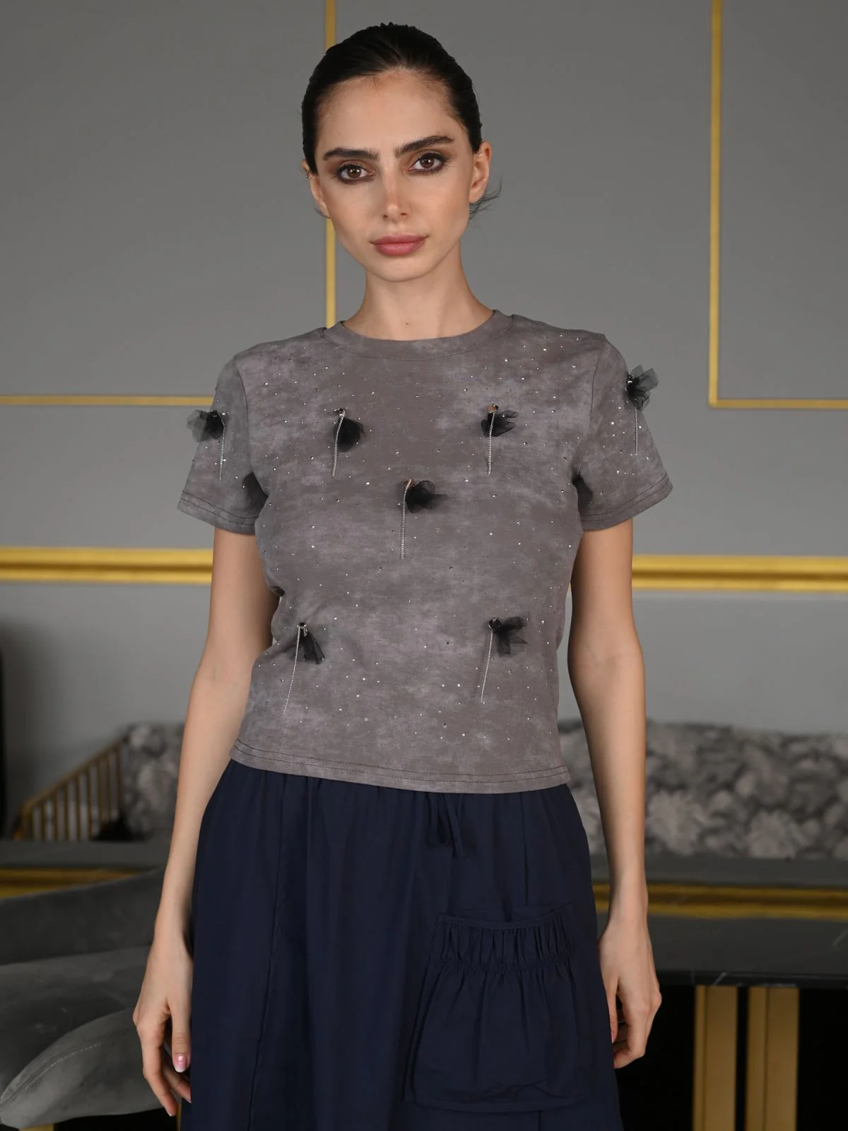 Odette Grey Cotton Jersey Embellished T-Shirt For Women - Image 2