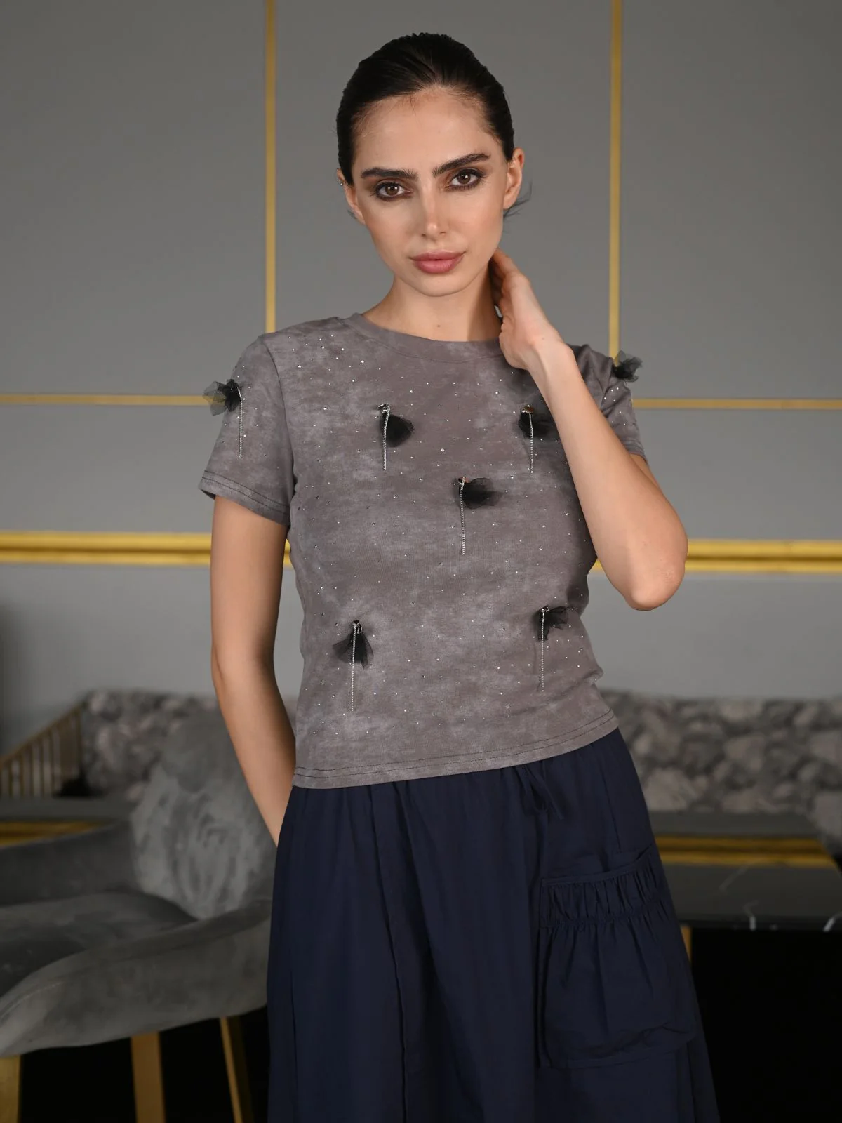 Odette Grey Cotton Jersey Embellished T-Shirt For Women - Image 3