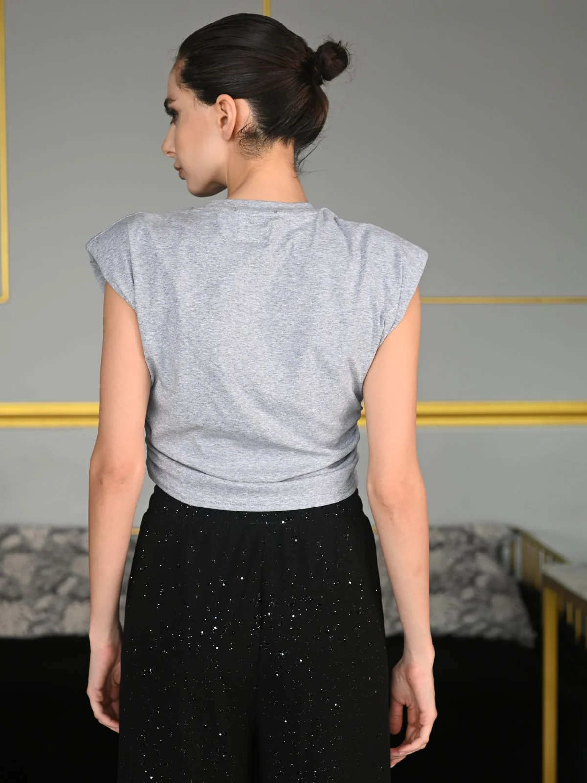 Odette Grey Cotton Jersey Embellished Top For Women - Image 4