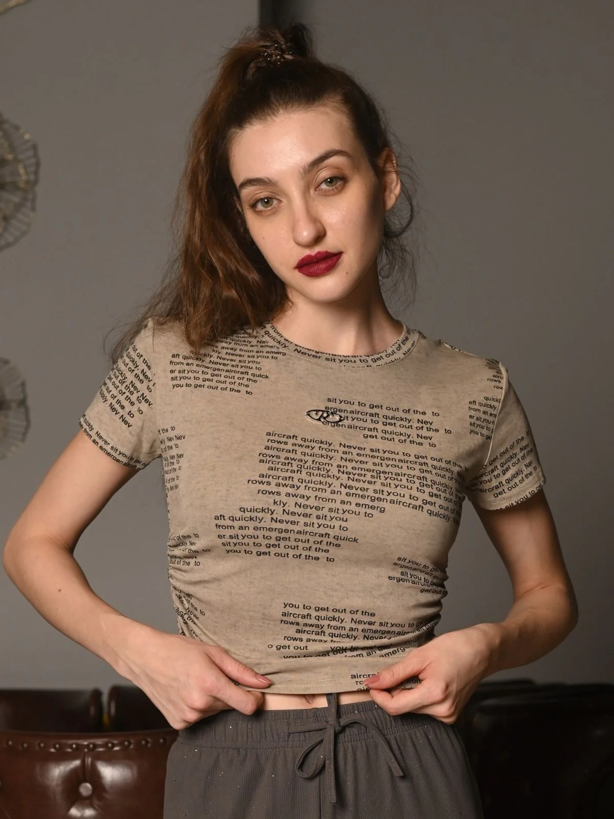 Odette Beige Cotton Jersey Printed Top For Women