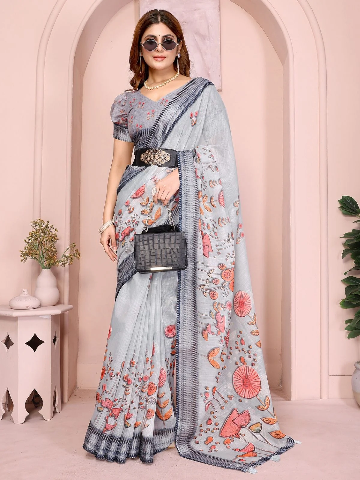 Odette Grey Cotton Linen Printed Saree For Women