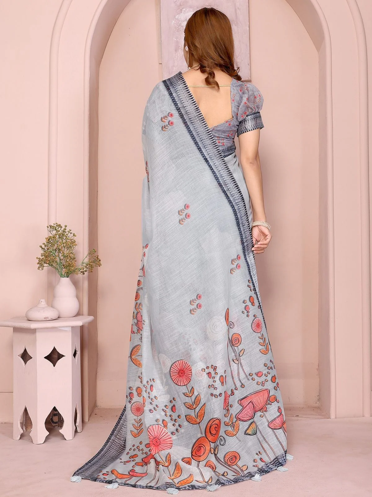 Odette Grey Cotton Linen Printed Saree For Women - Image 3