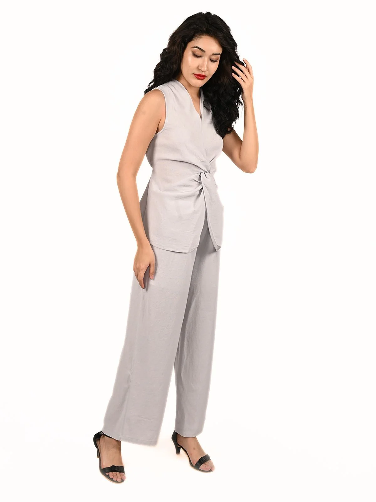 Odette Grey Cotton Linen Solid Co-Ord Set For Women - Image 2