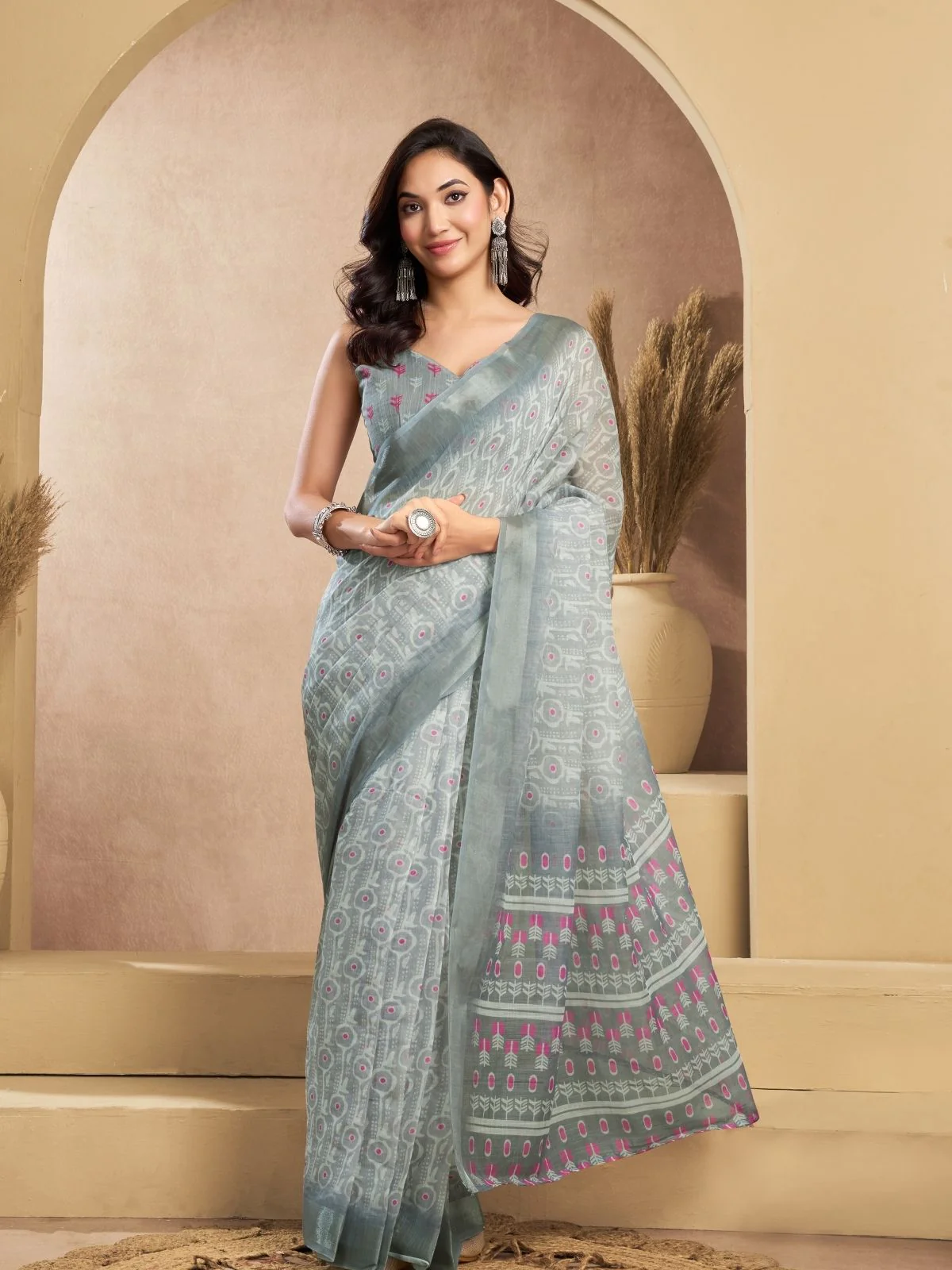 Odette Grey Cotton Linen Zari Work Saree For Women