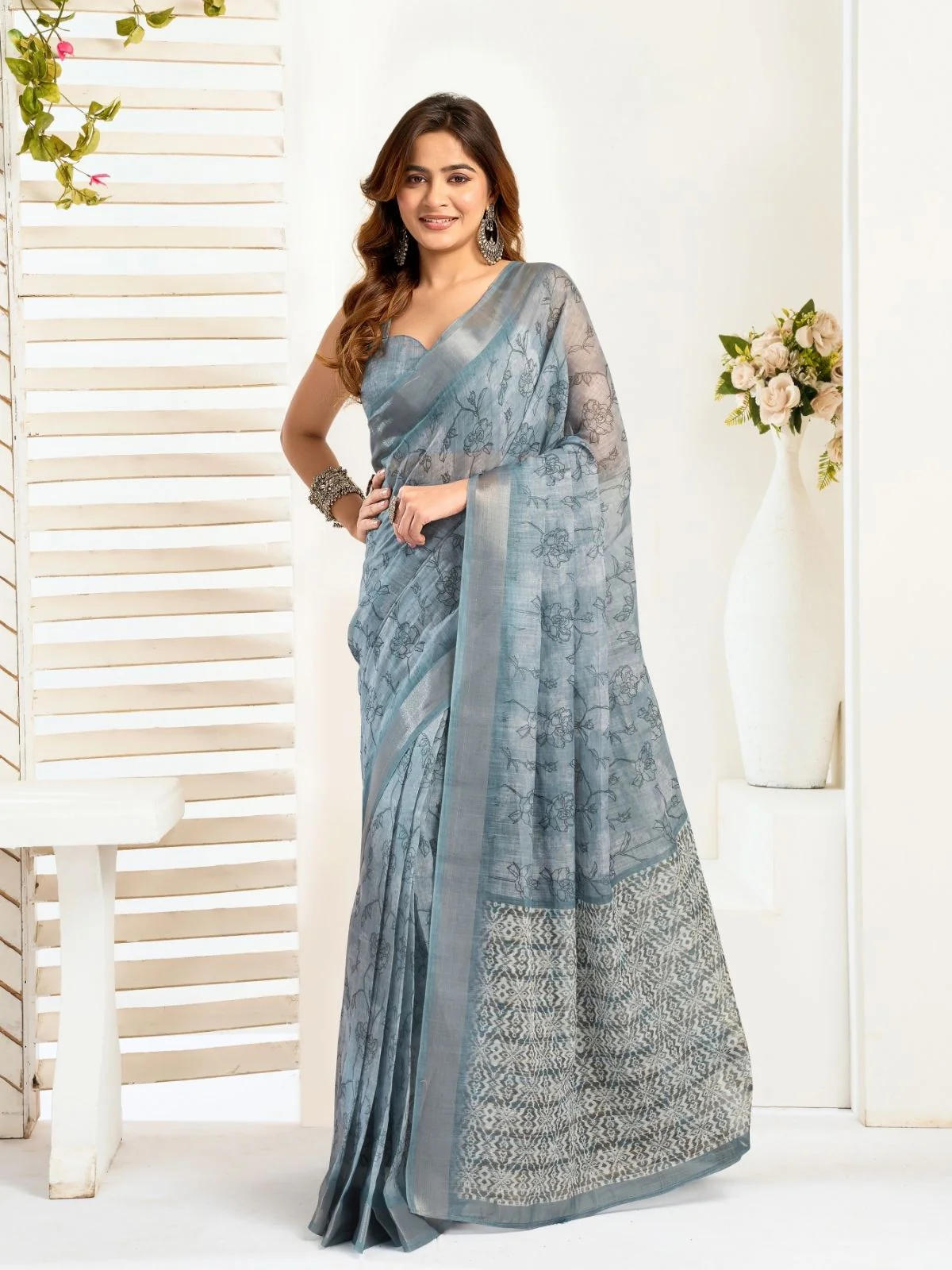 Odette Grey Cotton Linen Zari Work Saree For Women
