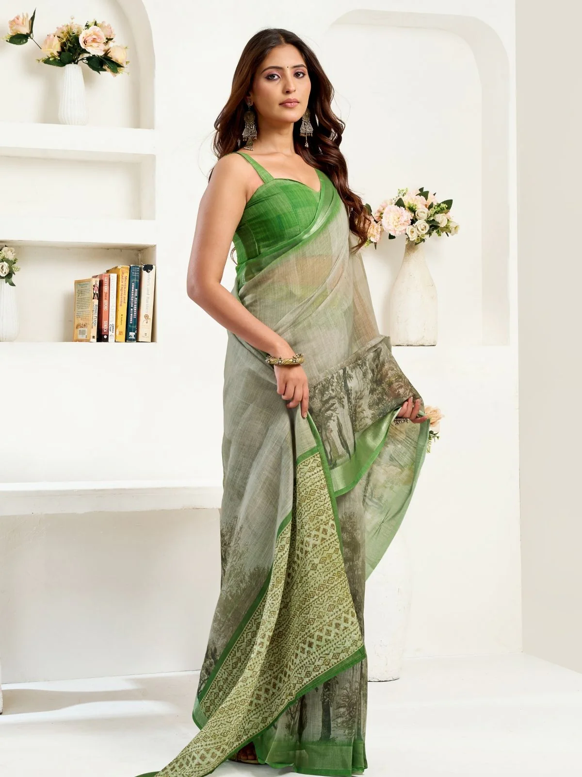 Odette Grey Cotton Linen Zari Work Saree For Women - Image 2