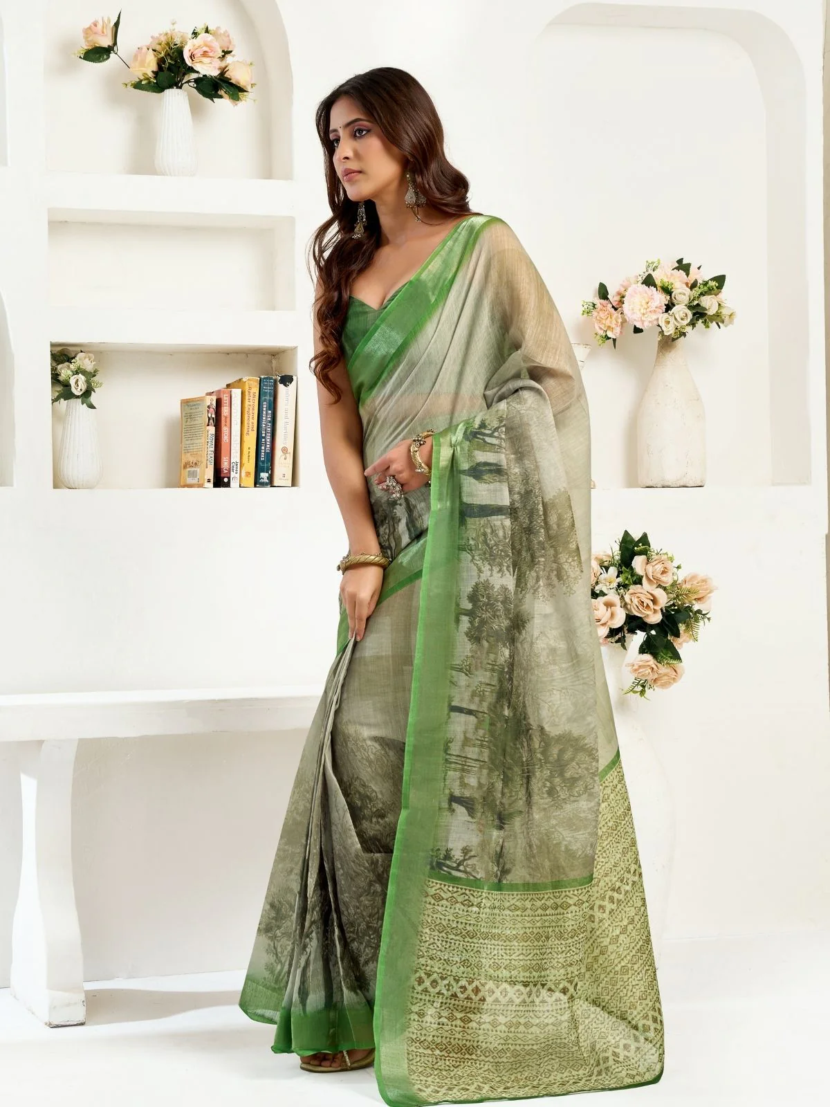 Odette Grey Cotton Linen Zari Work Saree For Women - Image 3