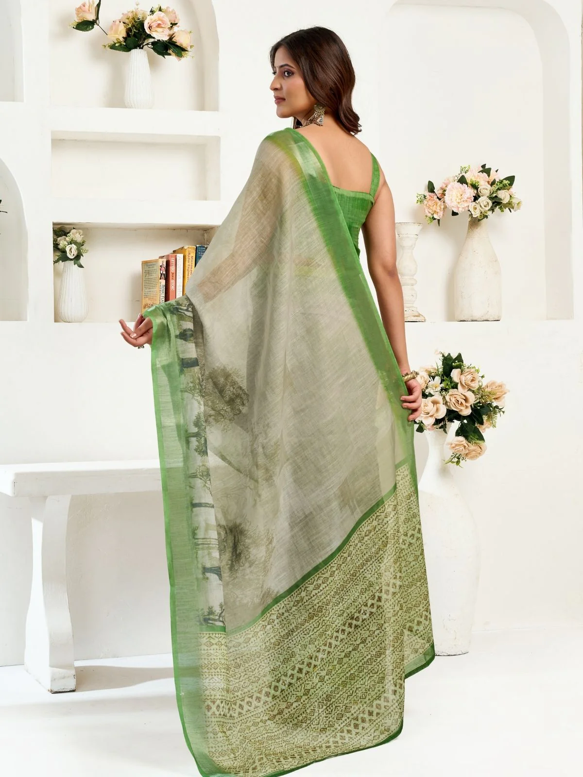 Odette Grey Cotton Linen Zari Work Saree For Women - Image 4