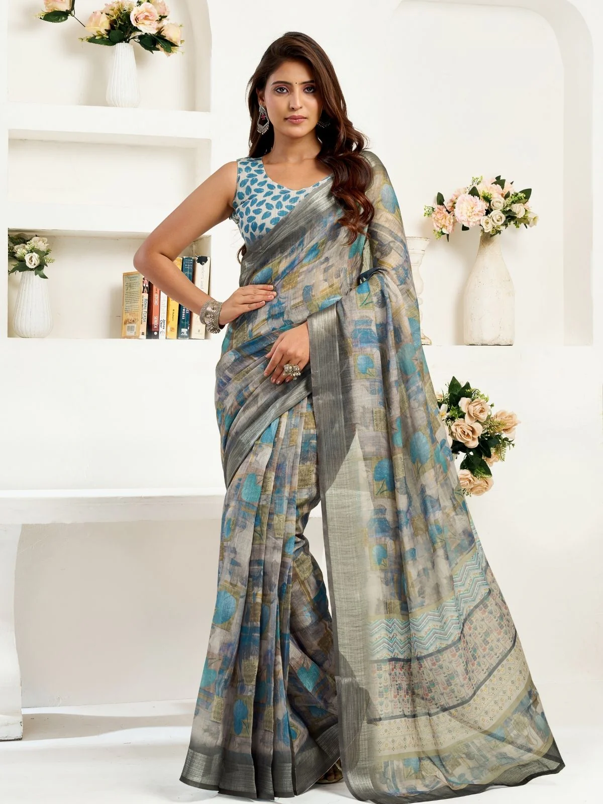 Odette Grey Cotton Linen Zari Work Saree For Women