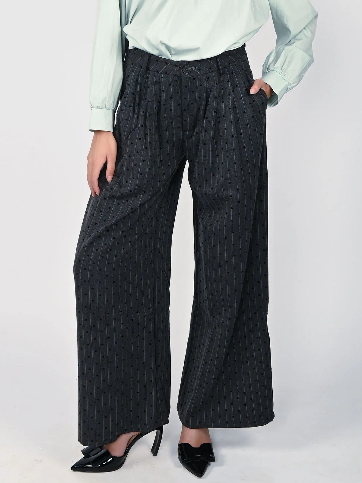 Odette Grey Cotton Polyester Self Design Trouser For Women