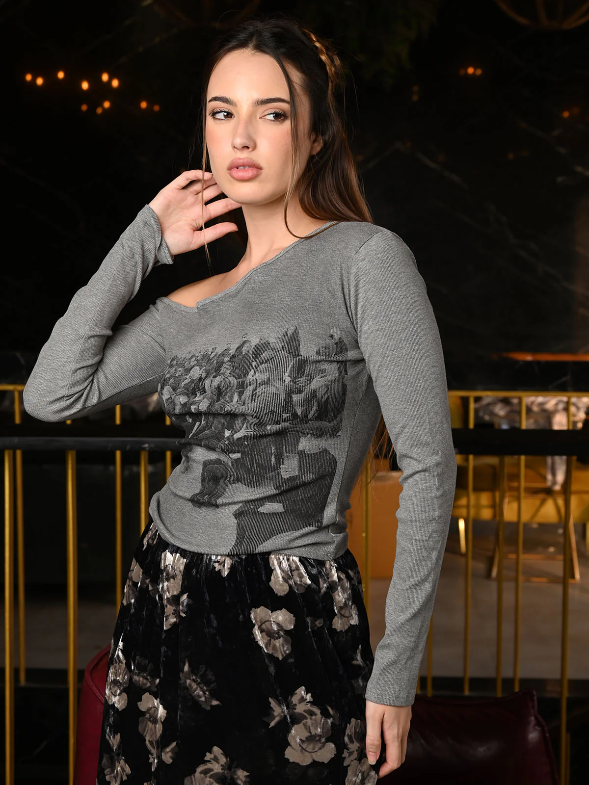 Odette Grey Cotton Printed T-Shirt For Women - Image 3