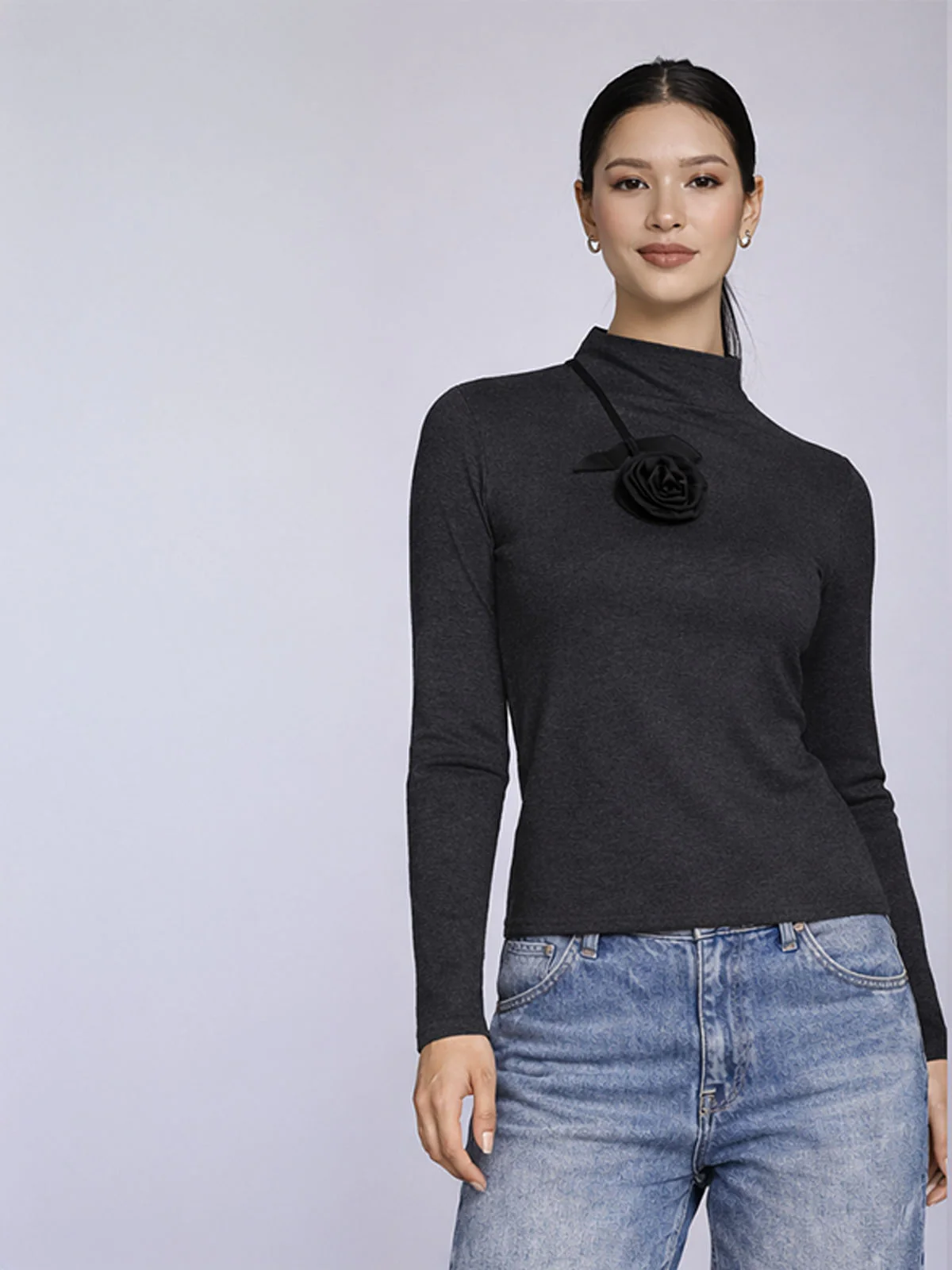 Odette Grey Cotton Rib Floral Applique Top For Women