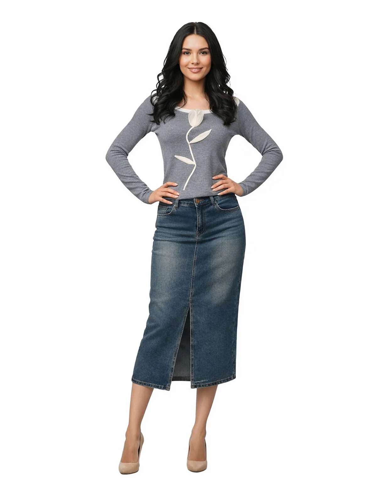Odette Grey Cotton Rib Floral Applique Top For Women - Image 4