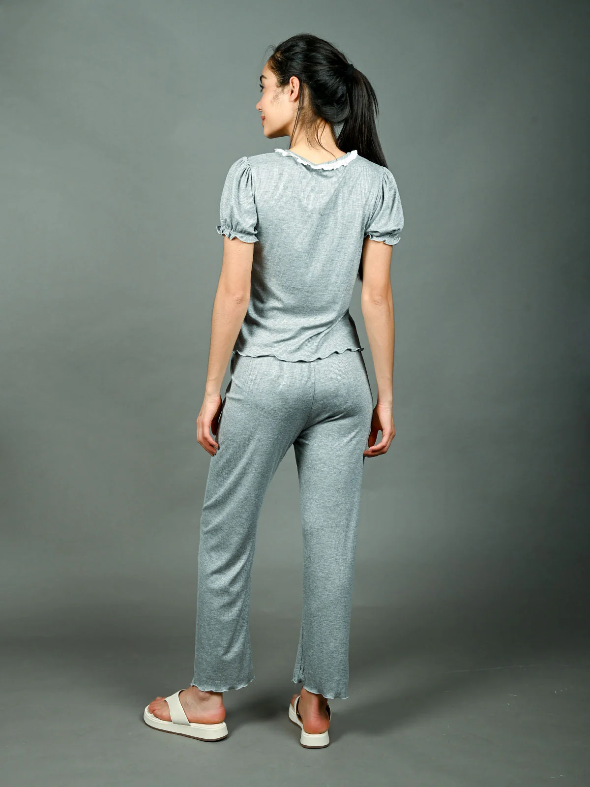 Odette Grey Cotton Rib Solid Night Wear Set For Women - Image 4