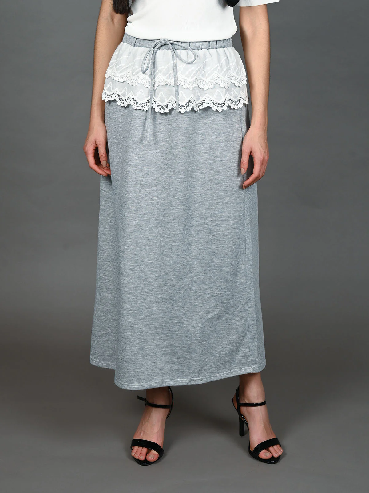 Odette Grey Cotton Rib Solid Skirt For Women - Image 2