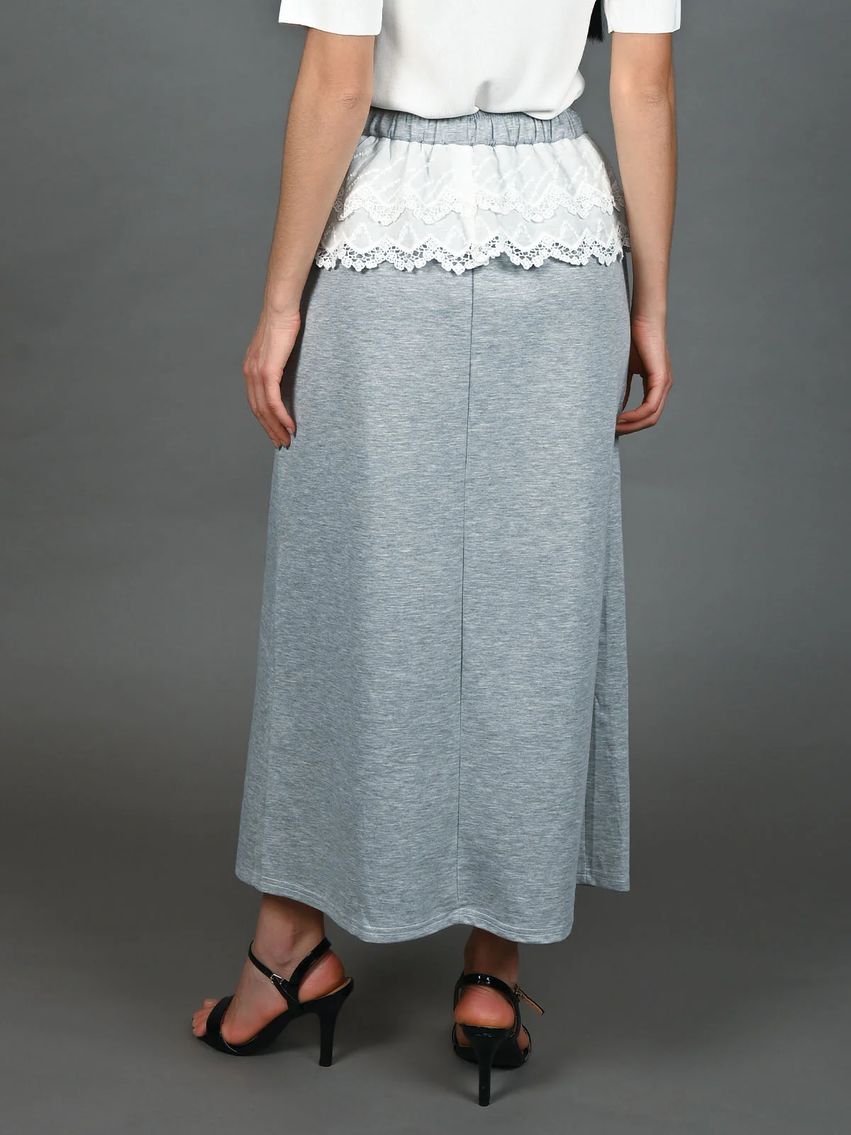Odette Grey Cotton Rib Solid Skirt For Women - Image 4