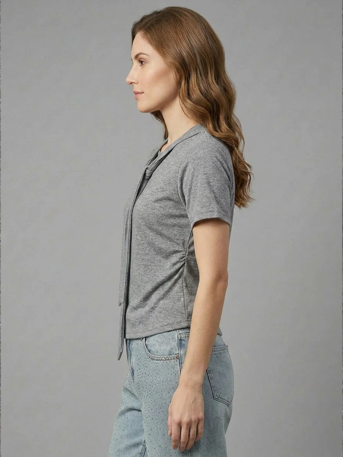 Odette Grey Cotton Rib Solid Top For Women - Image 2