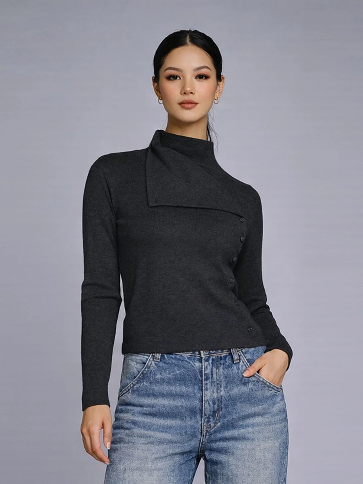 Odette Grey Cotton Rib Solid Top For Women