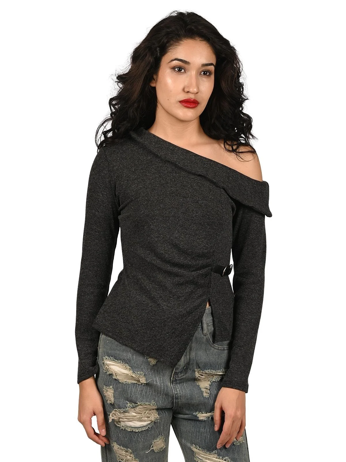 Odette Grey Cotton Rib Solid Top For Women