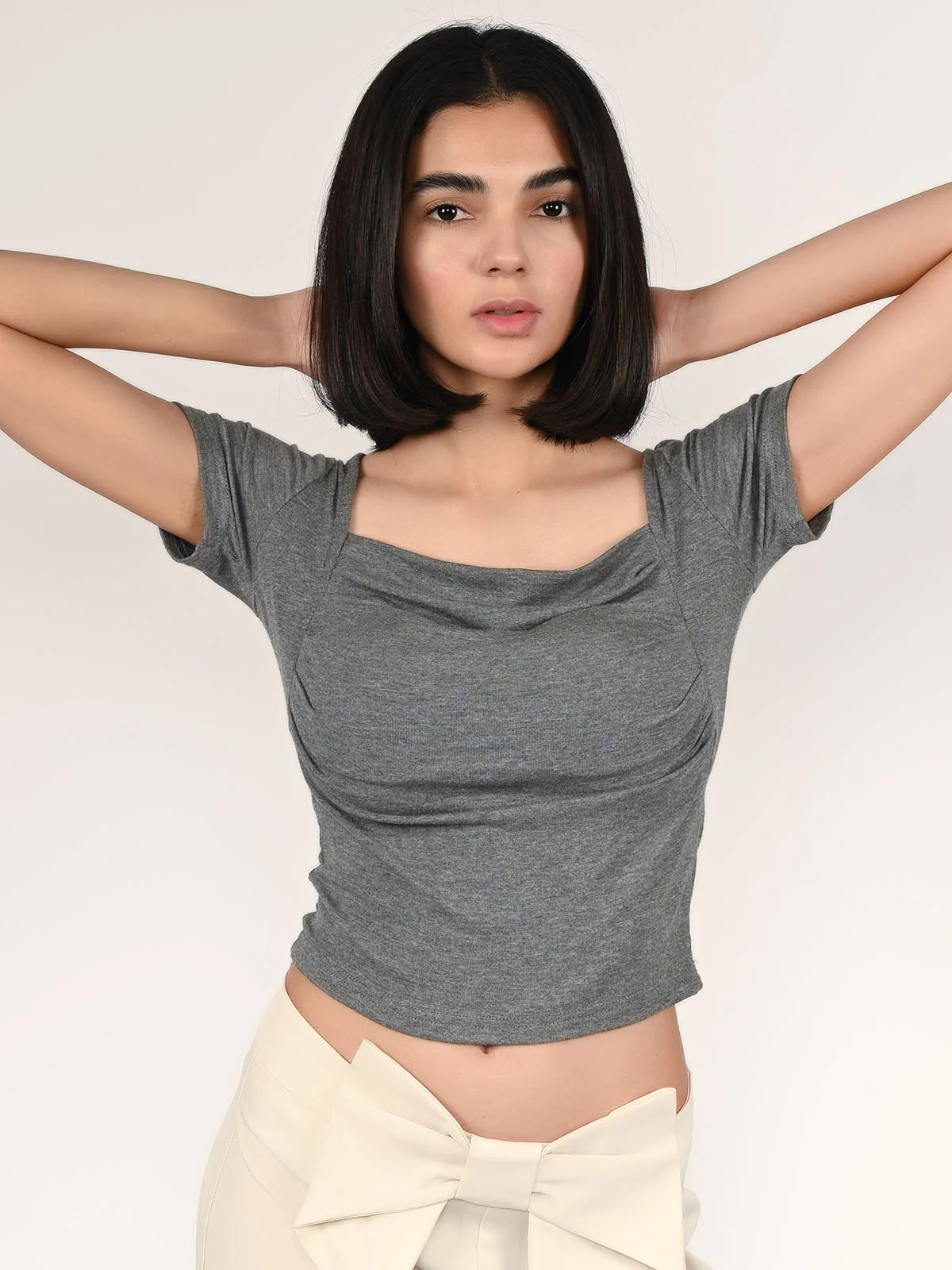 Odette Grey Cotton Rib Solid Top For Women