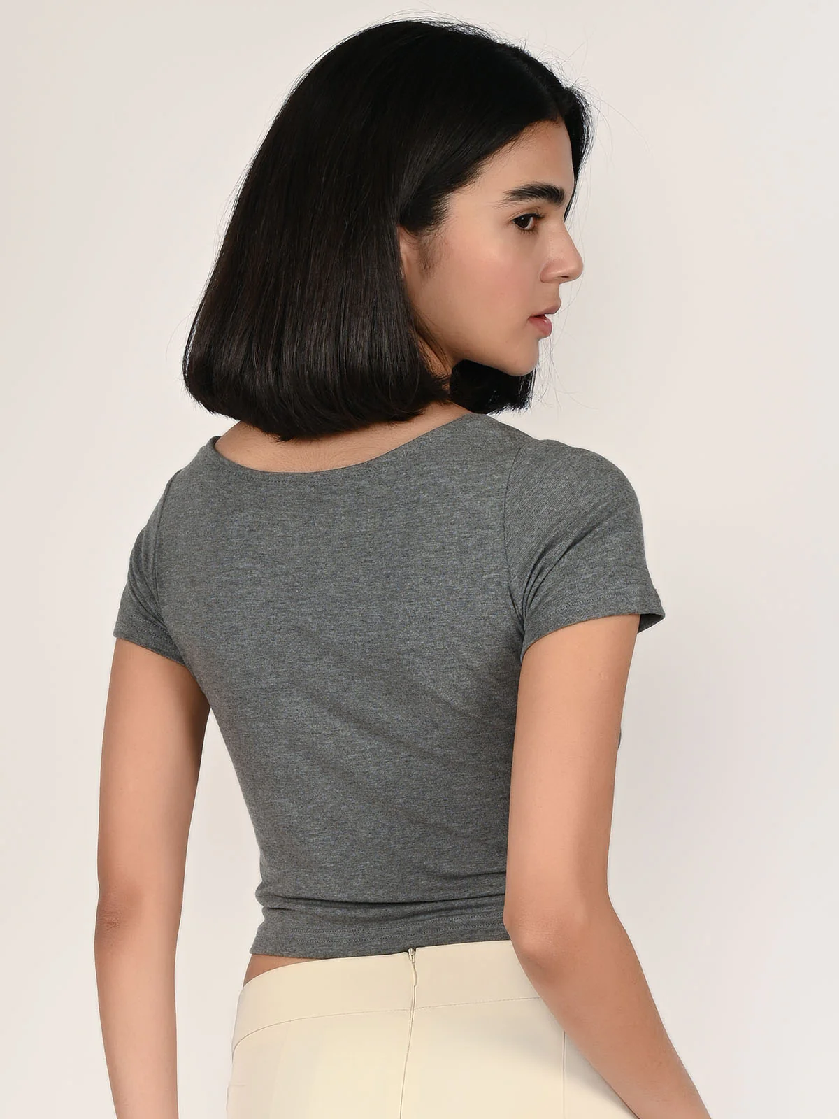 Odette Grey Cotton Rib Solid Top For Women - Image 4