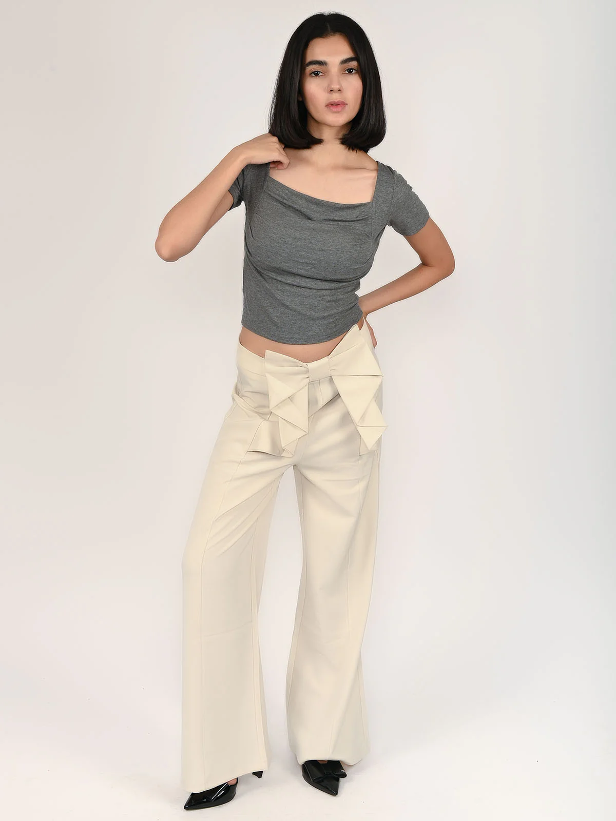 Odette Grey Cotton Rib Solid Top For Women - Image 5