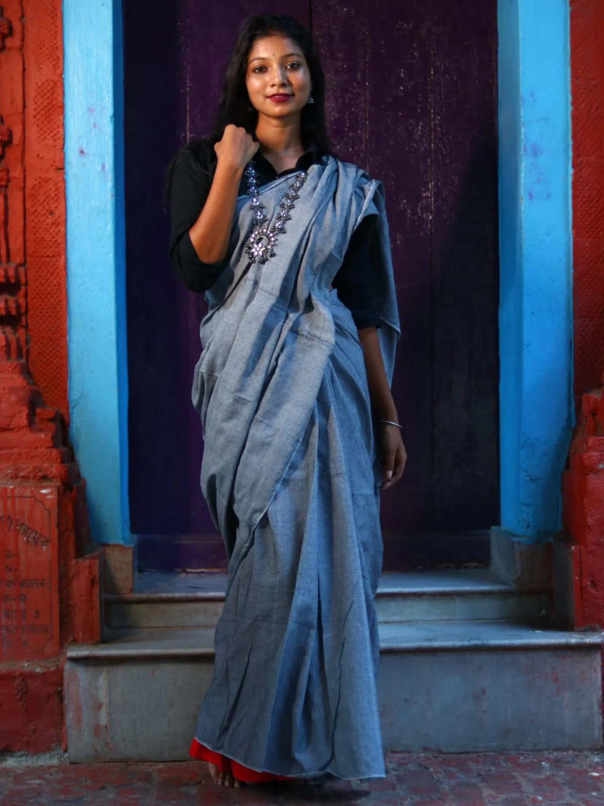 Odette Grey Cotton Saree With Unstitched Blouse for Women