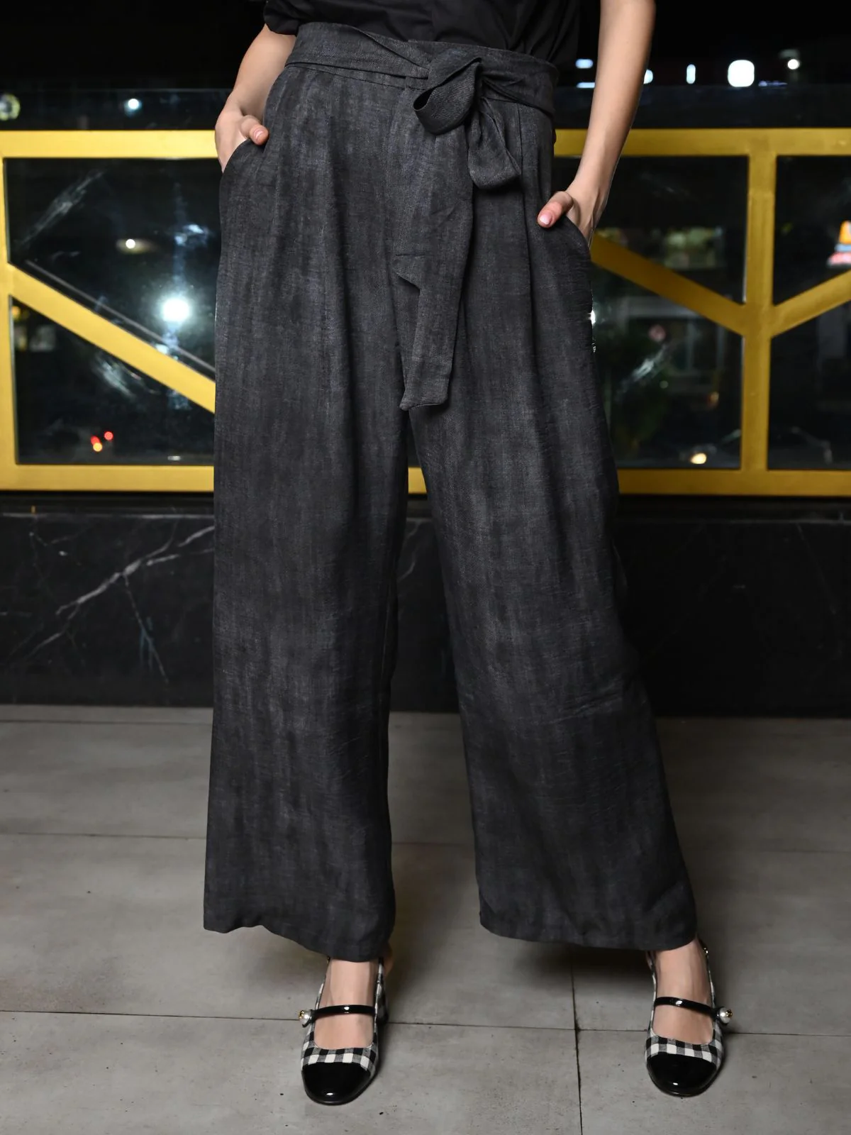 Odette Grey Cotton Viscose Solid Trousers For Women - Image 2