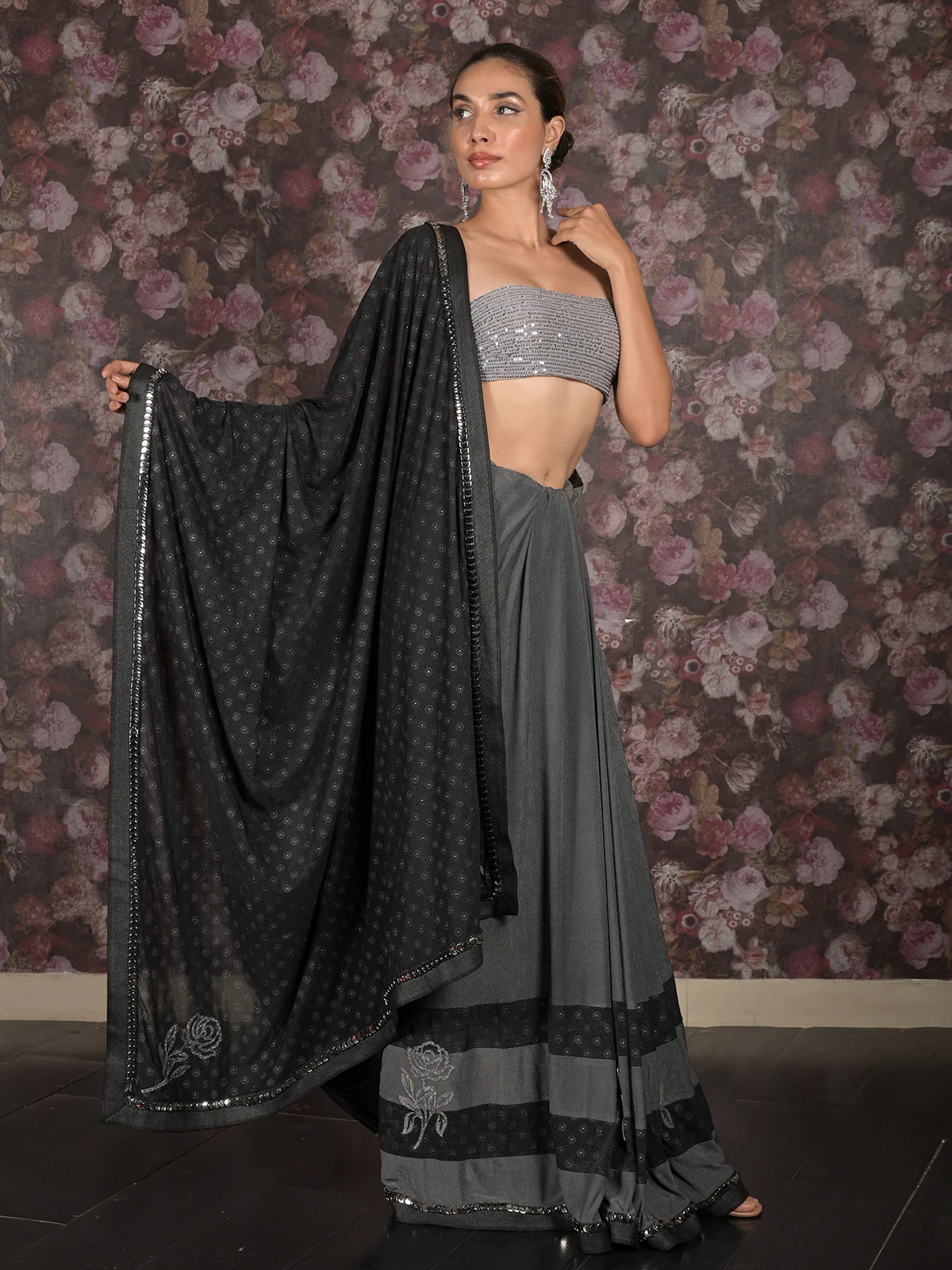 Odette Grey Embellished Lycra Saree with Unstitched Blouse for Women - Image 3